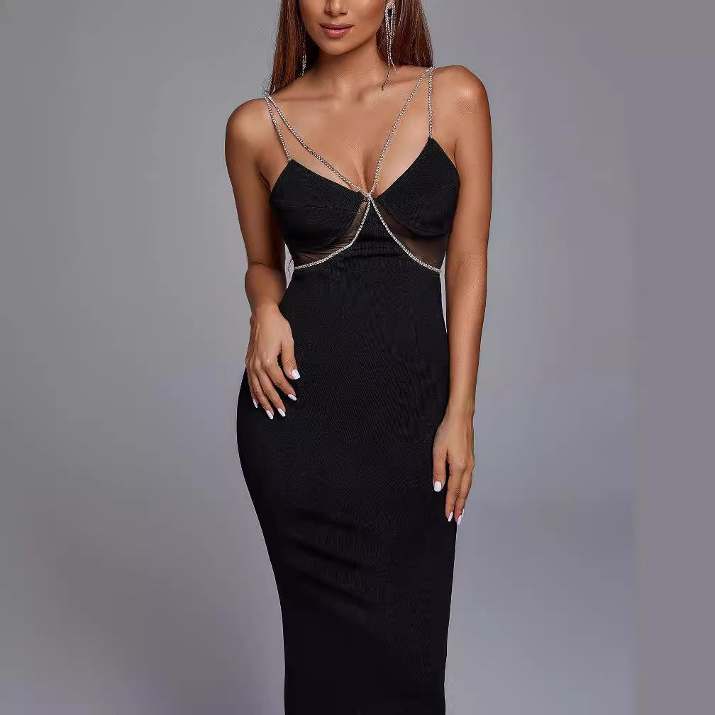 Crystal Drill Chain Straps Tulle Stitched Backless Evening Gown - Bellarte Enchanté Crystal Drill Chain Straps Tulle Stitched Backless Evening Gown